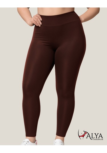 Toparlayıcı Yüksek Bel Kadın Günlük Spor Parlak Tayt Kahverengi