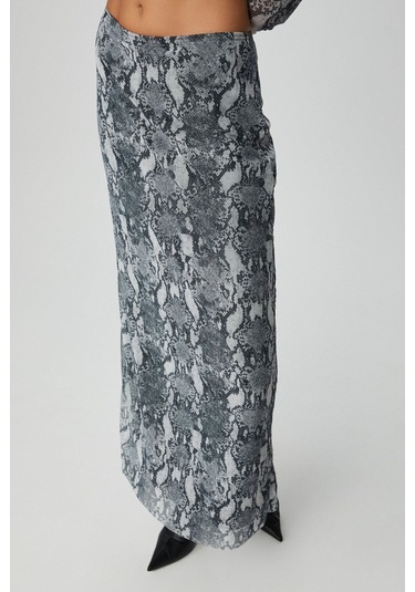 GRIMELANGE Beulah Kadın Maxi Boy Slim Fit Beli Lastikli Tül Batik Desenli Yılan Desenli Etek Yılan Desenli Çok Renkli