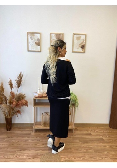 Kadın Uzun Kollu Tek Omuzu Açık Viskon Bluz Içi Atletli Ve Yandan Şeritli Üçlü Viskon Ikili Takım Siyah