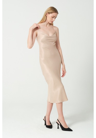 Degaje Döküm Saten Midi Elbise Multi Bej