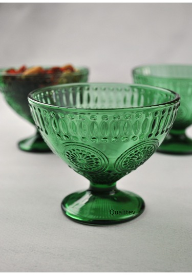 3 Adet Yeşil Cam Çerezlik Dondurma Tabağı Sunum Magnolia Kasesi