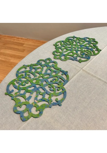 Uretti - Gülin 6449 - Ebru Sanatı İle Elde Yapılmış Lazer Kesim Keçe Supla 2li Takım 40cm - Yeşil Yeşil