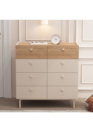 Robinhome Rhode Geniş Şifonyer 8 Çekmeceli Ahşap Ayaklı Kumsal-sepet Bej