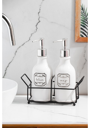 Porsima 3115 Gümüş Kapaklı Porselen 2li Sıvı Sabunluk Beyaz 700 Ml Beyaz