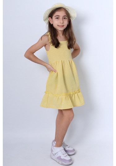 Kız Çocuk Şapkalı Elbise Kareli Fiyonklu B33 Sarı