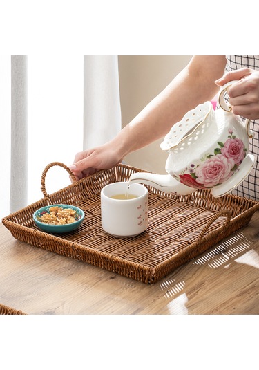 Porsima 709c Kare 3'lü Hasır Tepsi Dekoratif Sunum Servis Tepsisi