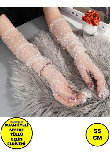 Uzun Boy Beyaz Puantiyeli Beyaz Renk Yetişkin Tül Eldiven Gelin Tül Eldiveni 55 Cm Çok Renkli