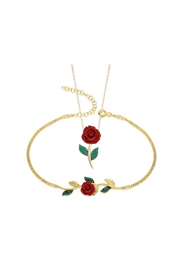 925 Ayar Gümüş Zirkon Taşlı Gül Kolye Bileklik Seti Gümüş