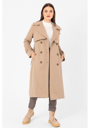 Pastelastore %100 Pamuk Gabardin Uzun 110cm Astarlı Kemerli Kadın Trençkot 1111 Yeni Bej