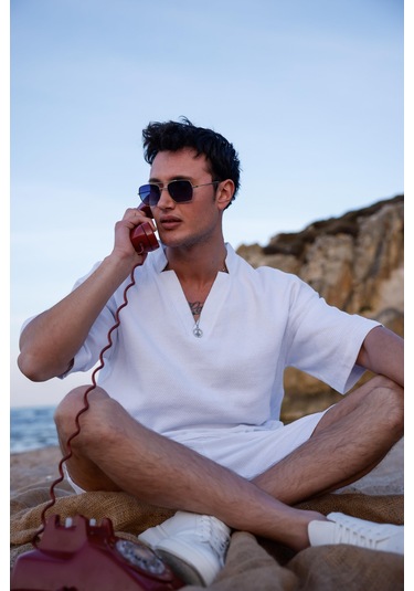 Beyaz Renk V Yaka Gömlek Şort Erkek Yıkamalı Keten Takım-1740 Beyaz