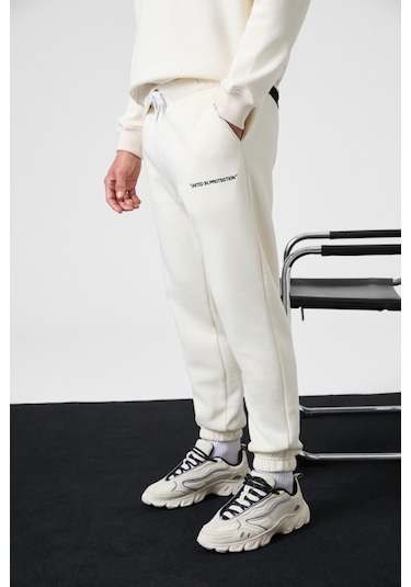 MARSHALL Erkek Pamuklu İçi Polarlı Nakışlı Relaxed Ekru Eşofman Takımı