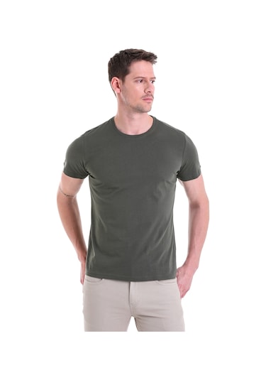 Hatemoğlu Regular Fit Pamuk Bisiklet Yaka Düz Erkek Tişört Haki
