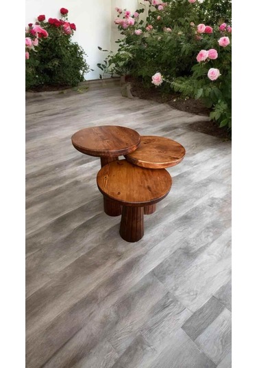 Rustik Tarz Ahşap Mantar Sehpa 3 Lü Set Fındık Masif Fiskos