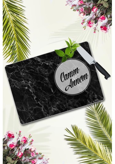 Canım Annem Siyah Mermer Cam Kesme Tahtası 30 Cm X 40 Cm