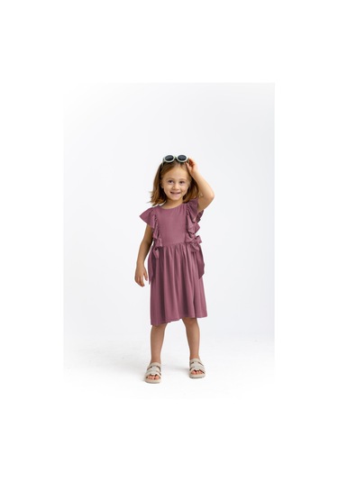 Yanları Bağcıklı Kolsuz Fırfırlı Keten Sırtı Düğmeli Kız Çocuk Elbise Mürdüm MÜRDÜM
