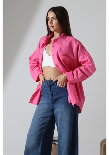 Yeni Sezon Poplin Kumaş Çift Cepli Oversize Pamuklu Kadın Tunik Gömlek Pembe