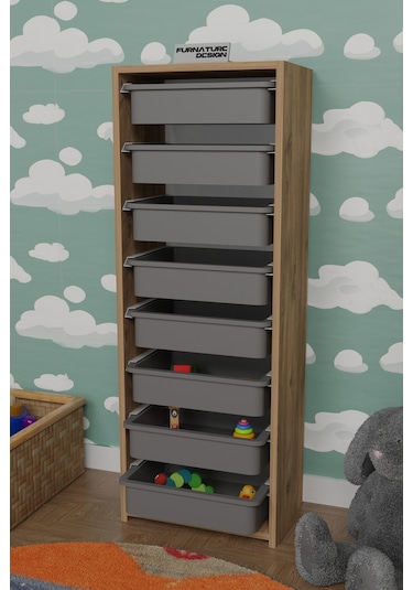 8 Sepetli Çok Amaçlı Dolap Oyuncak Dolabı - Atlantik Çam - Gri