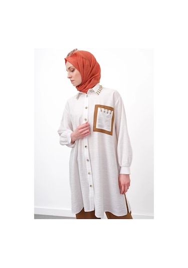 Pureva Yaka Taş Detaylı Tunik - Ekru