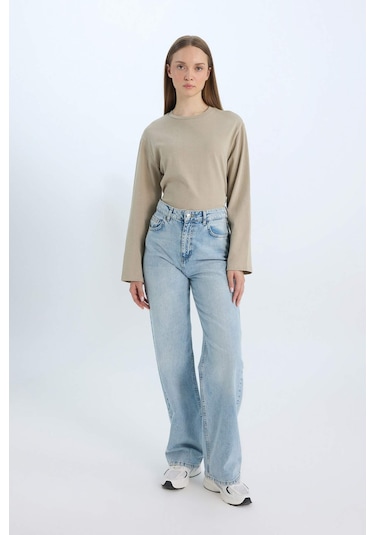 Defacto Regular Fit Bisiklet Yaka Basic Düz Uzun Kollu Tişört Tunik D4897AX24WNKH479 Haki