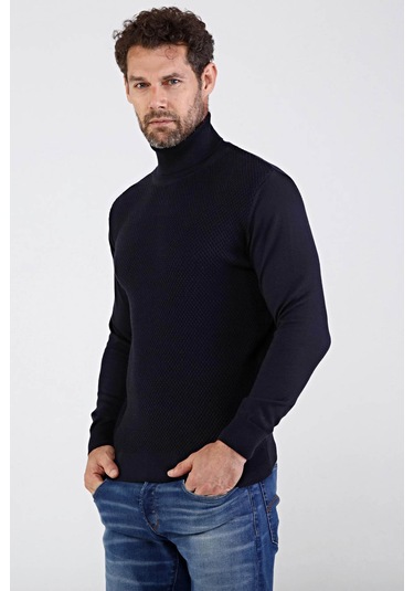 Çizgi Triko Erkek Tam Balıkçı Yaka Pamuklu Triko Kazak 4669E Laci Lacivert