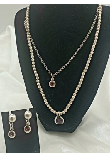 Damla Taşlı Model Antik Gümüş Kaplama Çoklu Kolye Küpe Seti