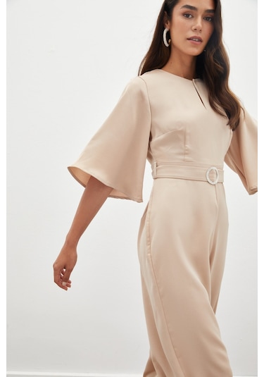 Sateen Kemerli Krep Tulum - Bej