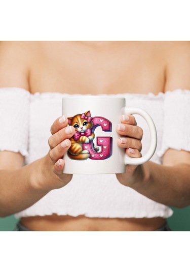 G Harfli Bardak, Sevimli Kedili Pembe Tasarım Bardak, Arkadaşa Aileye Hediye Porselen Beyaz