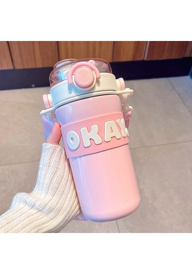 Velvettides Kişilik Alfabe Termos Bardak Taşınabilir Pipet Su Bardak Erkekler Ve Kızlar Su Bardak Öğrenci Spor Su Şişesi Pembe