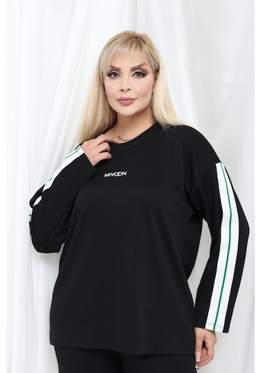 Kadın Büyük Beden Uzun Kollu Şerit Detaylı Oysho Tarzı Modal Kumaş Takım Siyah