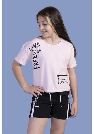 Toontoy Kız Çocuk Cep Detaylı Baskılı Şortlu Takım Pudra