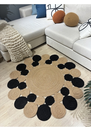 Mavaux Hasır Jüt Çiçek Desenli Kilim Halı Siyah - Hasır