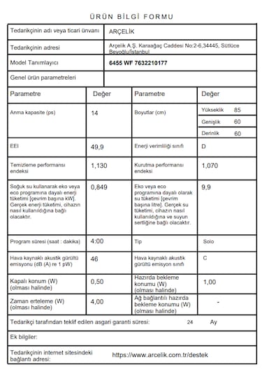Arçelik 6455 WF 5 Programlı 14 Kişilik Bulaşık Makinesi