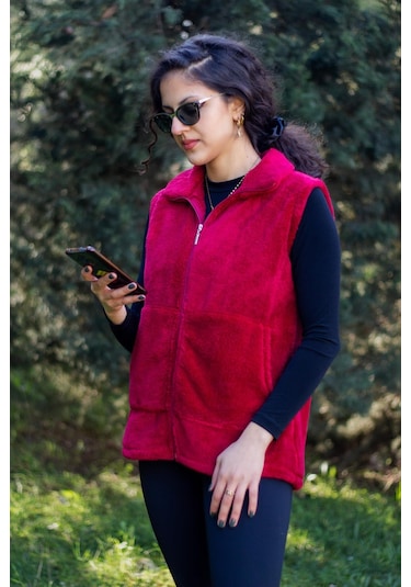 Kadın Bordo Kırmızı Dik Yaka Kalın Peluş Fermuarlı Yelek 24kylkk215 001