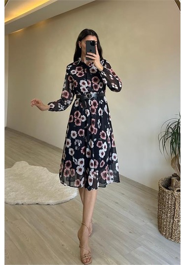 Neşeli Butik Kadın Desenli Gömlek Yaka Midi Elbise Nm011 Mor