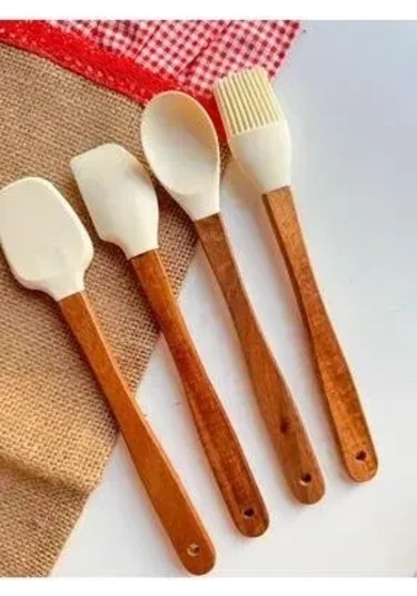 Bambu Saplı Silikon Mutfak Gereç Seti 4'lü Kahverengi