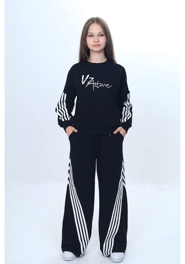 Kız Çocuk %100 Pamuk Şeritli Oversize 2 İplik Alt&üst Eşofman Takımı-305-eşt-0009 Siyah