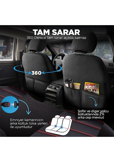 Panda Special Serisi Jakar Kumaş Oto Koltuk Kılıfı - Siyah - Kırmızı