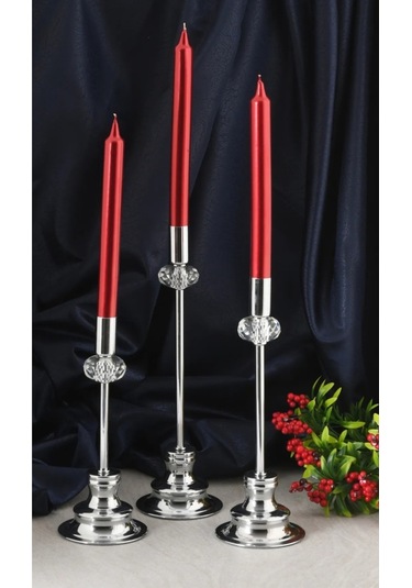 Denic 3 lü Metalik Kırmızı Şamdan Mum Konik Mum
