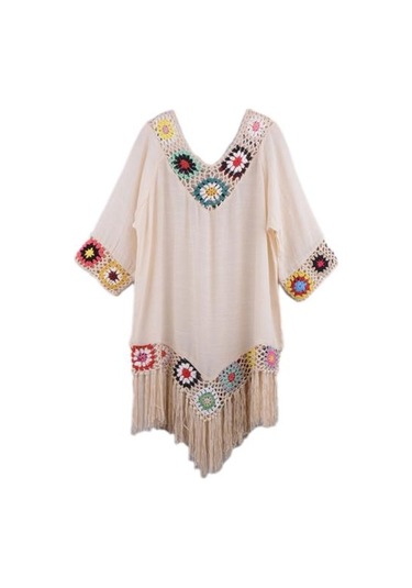 Kayısı Bikini Cover Up Hollow Out Tığ İşi Patchwork Yaz Gevşek Oturan Güneş Koruma Mayo Tunik Plaj İçin Kayısı Açık Bej