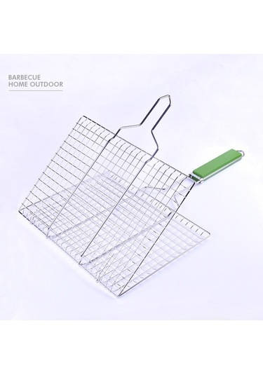 Pazly Üç Boyutlu Paslanmaz Çelik Izgara Ağı, Ahşap Saplı Balık Klipsi, Gümüş Yeşil Renk Gümüş