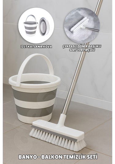 Banyo Balkon Temizlik Seti - Katlanır Temizlik Kovası Yer Fırçası