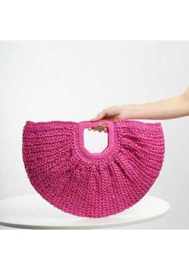 Sıcak Pembe Yogodlns Yaz Dokuma Saman Yarım Ay Büyük Kapasiteli Çanta Kadın Plaj Sepeti Moda Seyahat Alışveriş Tote Pembe