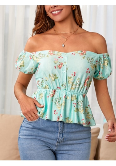 Munn Collection Kadın Kısa Kollu Madonna Yaka Çiçek Desenli Düğme Detay Gipeli Süprem Kumaş Bluz Yeşil