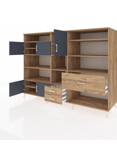 Kronos Dolap 13 Raflı 3 Çekmeceli 5 Kapaklı 220x59x163 Çam-antras Çam-antrasit/çam