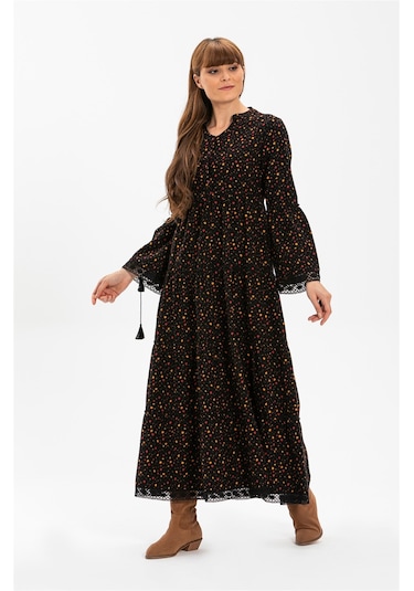 Uzun Kol Seçil Pazen Uzun Elbise Çıtır Desen Siyah Syh Siyah