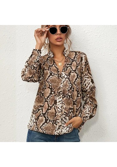 Baskı Yılan Vintage Kadın Uzun Kollu Gömlek İlkbahar Ve Sonbahar Moda Rahat Kadın Bluz Ofis V Yaka Kadın Gömlekleri Üst Giyim 22096 Gri