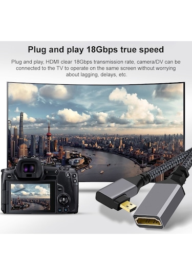 Mikro Hdmı Erkek Dirsek - Hdmı Dişi 4k Uhd 18gbps Bağlantı Kablosu, Uzunluk: 20cm Gri