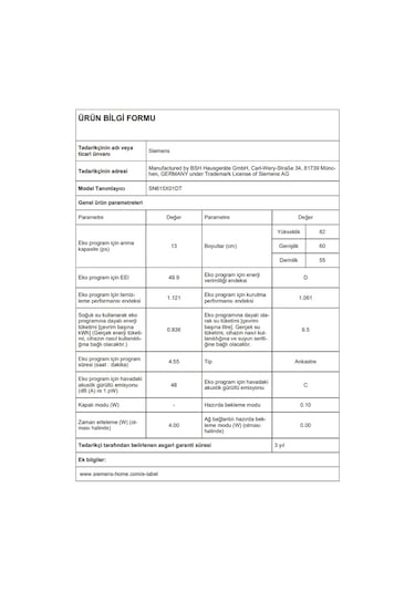 Siemens SN615X01DT 5 Programlı 13 Kişilik Ankastre Bulaşık Makinesi