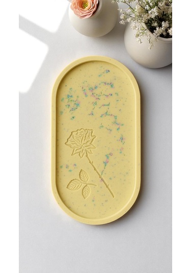 Gül Çizimli El Yapımı Dekoratif Tabak Özel Tasarım 23 X 13 Cm - Sarı Sarı