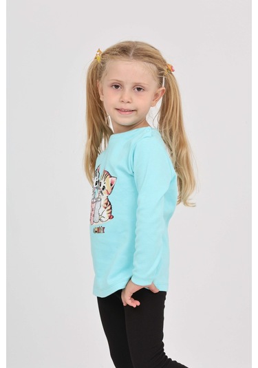 Toontoy Kız Çocuk İkili Kedi Baskılı Sweatshirt Turkuaz